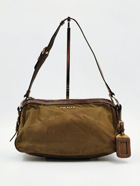Prada Vintage Tessuto Nylon Logo Jacquard Shoulder Bag Brown Y2K
